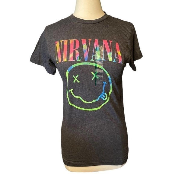Nirvana NEW Smiley Women’s Medium Tee Shirt Charcoal Gray Colorful - Picture 1 of 8